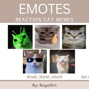 Puede incluir: Una colección de imágenes de memes de gatos. El texto superior dice "EMOTES" y "REACTION CAT MEMES". Las imágenes incluyen un gato verde con antenas, un gato con un pulgar hacia arriba, un gato atigrado gris, un gato con gafas de sol y un gato con la lengua fuera.
