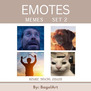 Op de afbeelding: Afbeelding met vier meme-afbeeldingen: een man met een bezorgde uitdrukking, een hond in zonlicht, een silhouet van een persoon die kettingen verbreekt en een zelfgenoegzame witte kat. Tekst luidt "EMOTES MEMES SET 2".