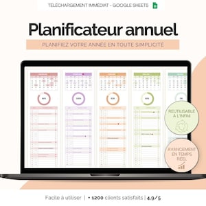 May include: A digital annual planner displayed on a laptop screen, featuring a Google Sheets interface with five vertical columns in pastel colours, monthly calendars, progress circles, and task lists. Text includes Planificateur annuel.