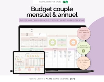 Budget couple mensuel Excel Google sheets | Planificateur budgétaire familiale suivi dépenses épargne annuel finances