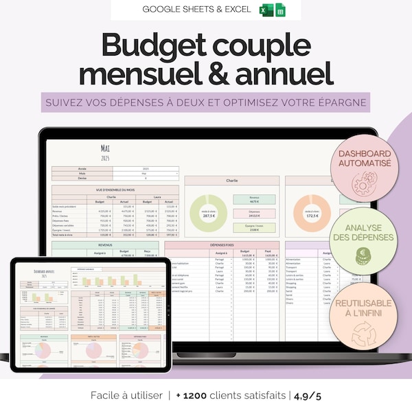 Monthly couple budget (Excel, Google Sheets) | Family budget planner with annual savings and expense tracking
