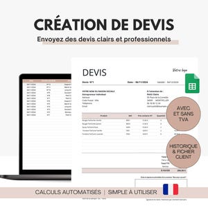 Op de afbeelding: Een screenshot van een computerscherm waarop een softwareprogramma voor het maken van offertes wordt weergegeven. Het programma heeft een spreadsheetinterface met kolommen voor product, prijs, hoeveelheid en totaal. De software bevat ook een functie voor het berekenen van belastingen en een sectie voor klantgegevens. De tekst op het scherm luidt "Creatie van offertes" en "Stuur duidelijke en professionele offertes".