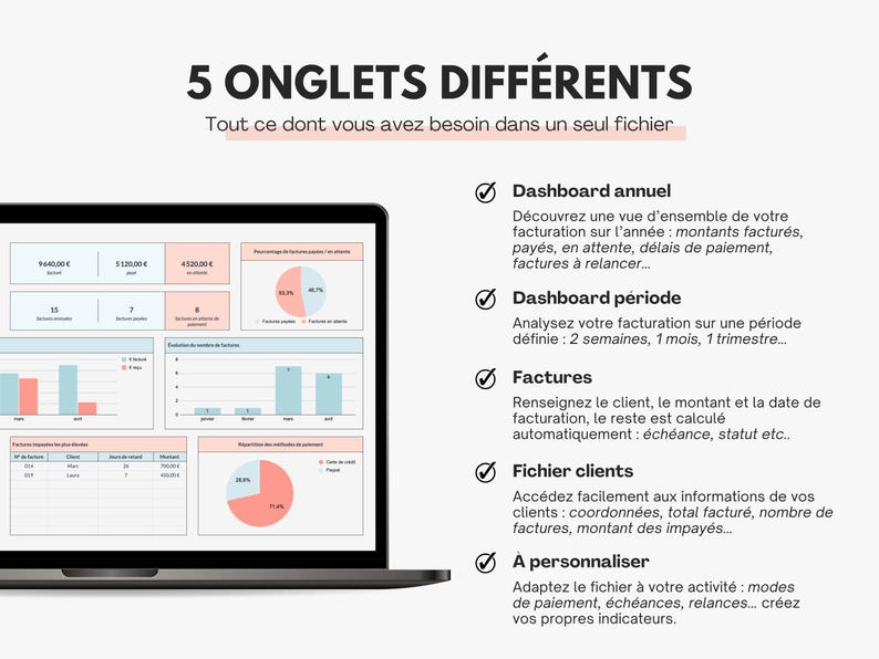 5 onglets pour le suivi de facturation