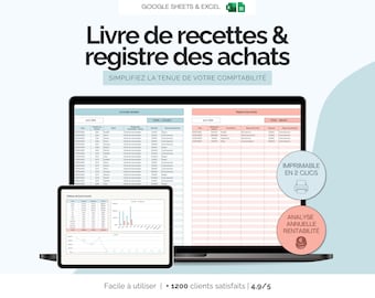 Livre des recettes auto entreprise et registre des achats template Excel Google sheets | Tableau comptable conforme pour micro-entreprise