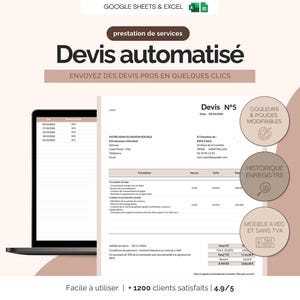 Modèle de devis modifiable prestation de services Excel et Google sheets | Devis moderne pour auto-entrepreneur avec et sans tva en français