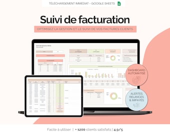 Op de afbeelding: Een laptop en tablet tonen een spreadsheet-interface met de tekst "Suivi de facturation" en "Optimaliseer het beheer en de tracking van uw facturen". Extra tekst omvat "Dashboard Automatisé" en "Alertes, Relances & Impayés". De achtergrond is licht perzik.