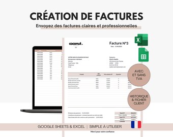Automatic Excel and Google Sheets invoice template for self-employed entrepreneurs | Simple and modern customer invoice with and without VAT in French
