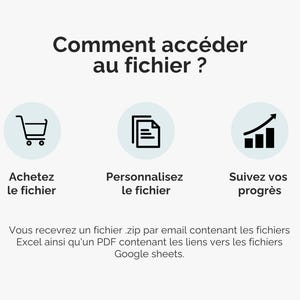 Comment accéder au fichier ?
Vous recevrez un fichier .zip par email contenant les fichiers Excel ainsi qu'un PDF contenant les liens vers les fichiers Google sheets.