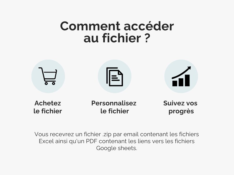 Comment accéder au fichier ?
Vous recevrez un fichier .zip par email contenant les fichiers Excel ainsi qu'un PDF contenant les liens vers les fichiers Google sheets.