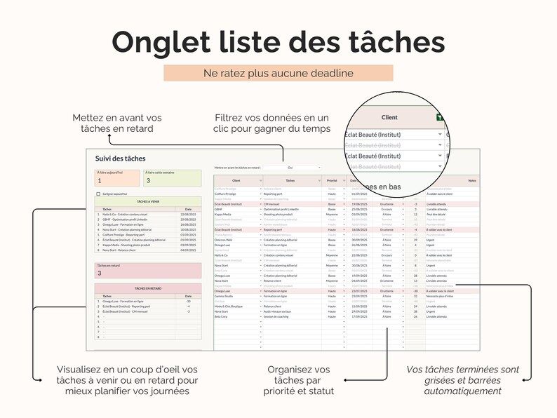 Liste des tâches suivi client Google sheets