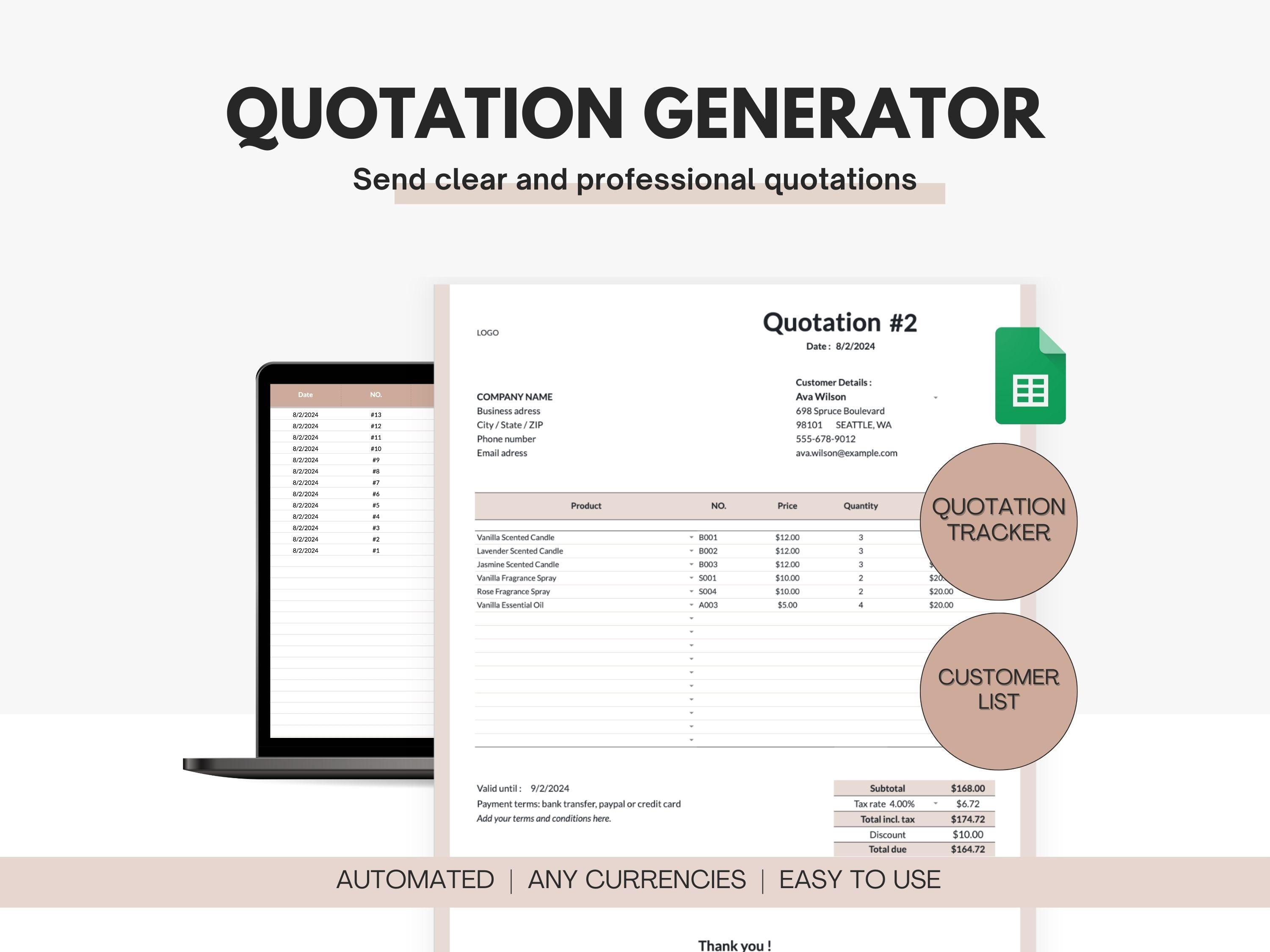 Quotation template | Quote for Small Business | Simple Quotation Maker Tool | Google Sheets Quote Template | Automated Quotation Template