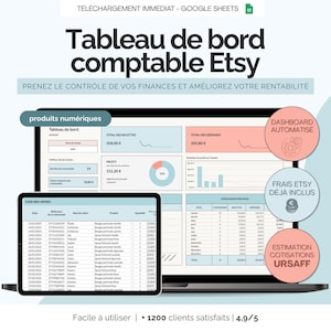 Tableau de bord comptable Etsy | Suivi des recettes et dépenses produits numériques | Comptabilité auto-entreprise | Template Google Sheets