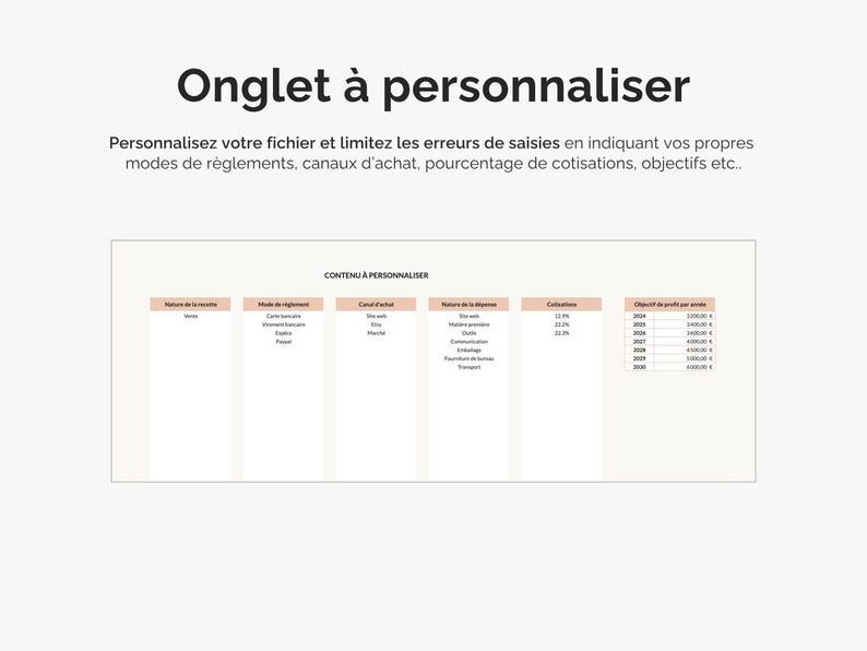 Personnalisez votre fichier et limitez les erreurs de saisies en indiquant vos propres modes de règlements, canaux d’achat, pourcentage de cotisations, objectifs etc..