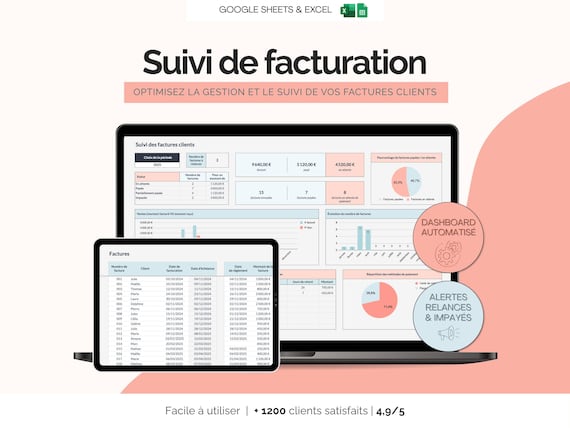 Tableau de bord suivi factures clients | Gestion facturation | Facture micro-entreprise | Suivi des paiements | Template Excel Google Sheets
