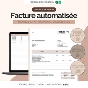 Modèle facture automatique prestation de services Excel et Google sheets | Facture client pour auto-entrepreneur avec & sans tva en français