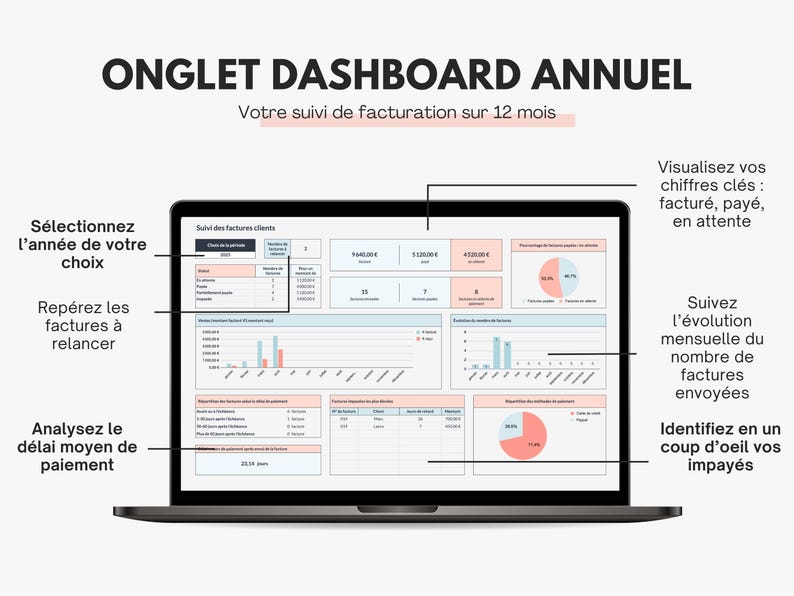 Tableau de bord annuel suivi des factures sur Excel et Google sheets