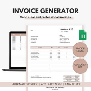 May include: A computer screen displaying a spreadsheet with a list of products and prices. The spreadsheet is labeled "Invoice #13". The invoice is for a customer named Ava Wilson. The invoice is dated 7/21/2024. The invoice includes a subtotal, tax, and total amount due. The invoice also includes a discount. The invoice is for a company named COMPANY NAME. The invoice is automated and easy to use. The invoice can be used for any currency.