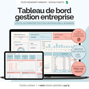 Tableau de bord comptable et gestion des stocks entreprise | Planificateur suivi des recettes, dépenses et stocks template Google Sheets