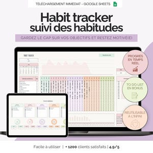 Peut inclure: Un suivi des habitudes numérique affiché sur un ordinateur portable et une tablette. L'écran affiche une mise en page de type calendrier avec des sections à code couleur. Le texte comprend "Habit tracker" et "To Do List".