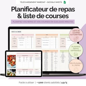 Peut inclure: Un planificateur de repas numérique et une liste de courses affichés sur un ordinateur portable et une tablette. L'écran montre un plan de repas hebdomadaire et une liste de courses. Le design comprend des couleurs pastel et des icônes circulaires avec du texte.