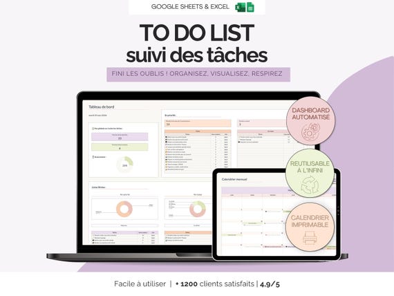 To-do list et calendrier automatisé Excel Google Sheets | Checklist planificateur suivi de tâches en français