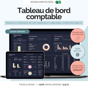 Peut inclure: Un ordinateur portable et une tablette affichent un tableau de bord financier avec des graphiques et des données, intitulé "Tableau de bord comptable". L'image comprend le texte "version Ultimate" et des icônes pour le tableau de bord automatisé, le suivi de la TVA et les estimations URSAFF.