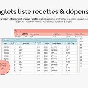Onglets liste recettes & dépenses : enregistrez facilement chaque recette et dépense pour centraliser toutes les transactions et suivre facilement toutes vos entrées et sorties d’argent