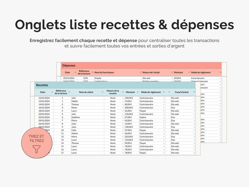 Onglets liste recettes & dépenses : enregistrez facilement chaque recette et dépense pour centraliser toutes les transactions et suivre facilement toutes vos entrées et sorties d’argent
