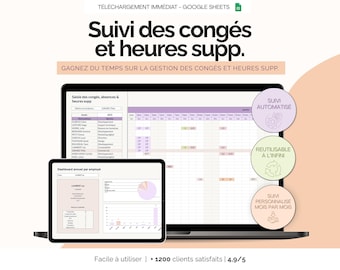 May include: A laptop and tablet display a Google Sheets interface for tracking time off and overtime. The screen shows a spreadsheet with employee data and charts. Text in the image includes "Suivi des congés et heures supp."
