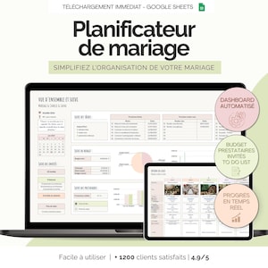 Peut inclure: Un ordinateur portable et une tablette affichent un modèle de planificateur de mariage. L'écran montre une feuille de calcul avec des sections pour les tâches, le budget et les listes d'invités. Le texte dit "Planificateur de mariage".