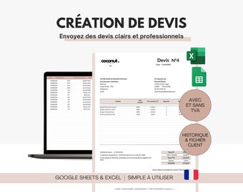 Excel and Google Sheets customer quote template for self-employed entrepreneurs | Simple, modern, and editable quote with and without VAT in French