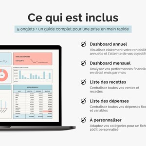 Ce qui est inclus dans le tableau de bord comptable Excel et Google sheets : suivi des recettes, suivi des dépenses, dashboard annuel, dashboard mensuel