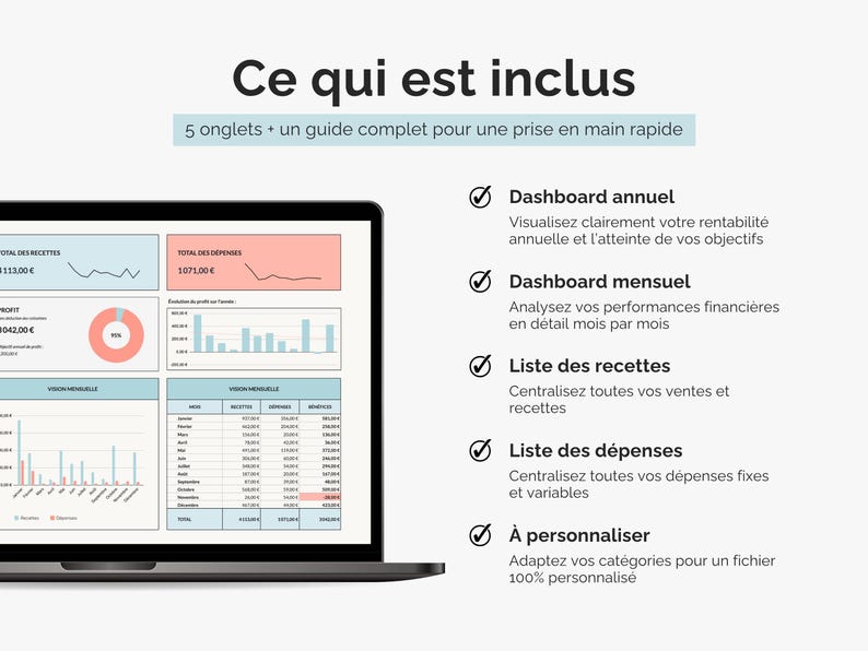 Ce qui est inclus dans le tableau de bord comptable Excel et Google sheets : suivi des recettes, suivi des dépenses, dashboard annuel, dashboard mensuel