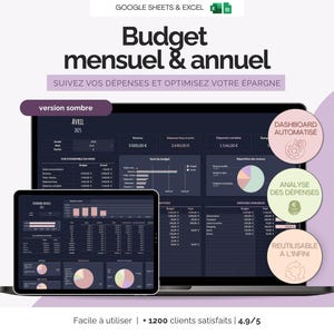Peut inclure: Capture d'écran d'un tableau de bord financier numérique sur ordinateur portable et tablette. L'interface affiche le suivi budgétaire et l'analyse des dépenses. Texte : "Budget mensuel & annuel" et "Dashboard Automatisé". Fond violet clair.