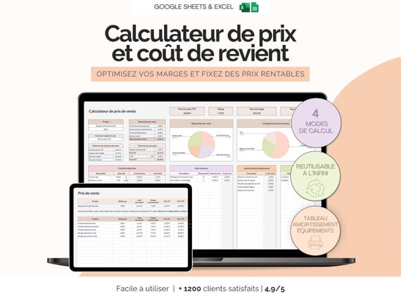 Calculateur de prix de vente et coût de revient produit | Calcul marges rentabilité template business Excel Google Sheets