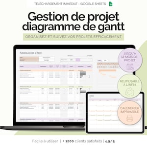 Puede incluir: Un portátil y una tableta que muestran un diagrama de Gantt de gestión de proyectos. La imagen incluye el texto "Gestion de projet diagramme de gantt" y "Organisez et suivez vos projets efficacement". Texto adicional incluye "Facile à utiliser".