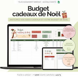 Peut inclure: Un ordinateur portable et une tablette affichent une feuille de calcul de budget de Noël. Le texte indique "Budget cadeaux de Noël" et "To do list de Noël". Le texte supplémentaire comprend "Formules automatisées", "Version imprimable" et "Avancement en temps réel".