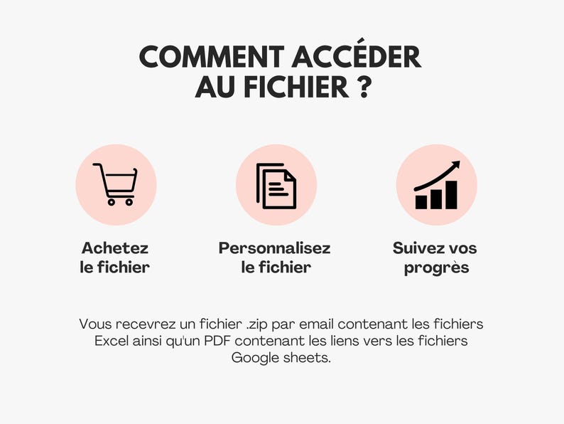 Puede incluir: Un gr&aacute;fico rosa y blanco con tres iconos que representan los pasos para acceder a un archivo: un carrito de compras, un documento y un gr&aacute;fico de barras con una flecha hacia arriba. El texto dice "COMMENT ACC&Eacute;DER AU FICHIER?" y "Vous recevrez un fichier .zip par email contenant les fichiers Excel ainsi qu'un PDF contenant les liens vers les fichiers Google sheets."