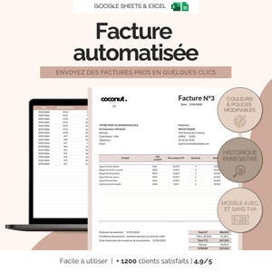 Automatische Excel- und Google Sheets-Rechnungsvorlage für selbstständige Unternehmer | Einfache und moderne Kundenrechnung mit und ohne Mehrwertsteuer in Französisch
