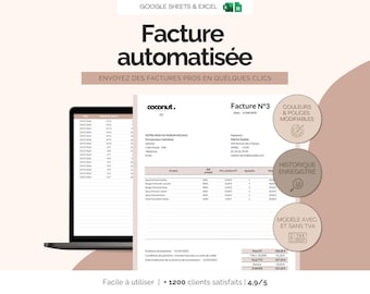 Automatic Excel and Google Sheets invoice template for self-employed entrepreneurs | Simple and modern customer invoice with and without VAT in French
