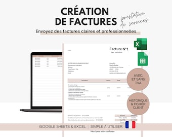 Automatic invoice template for services provided in Excel and Google Sheets | Customer invoice for self-employed entrepreneurs with and without VAT in French