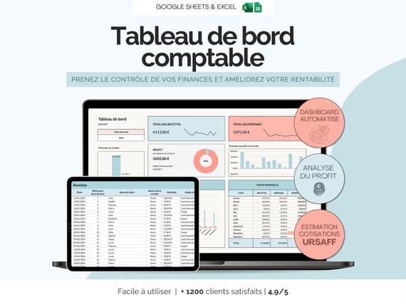 Tableau de bord comptable | Suivi recettes et dépenses comptabilité auto-entreprise | Modèle tableau de bord | Template Excel Google Sheets