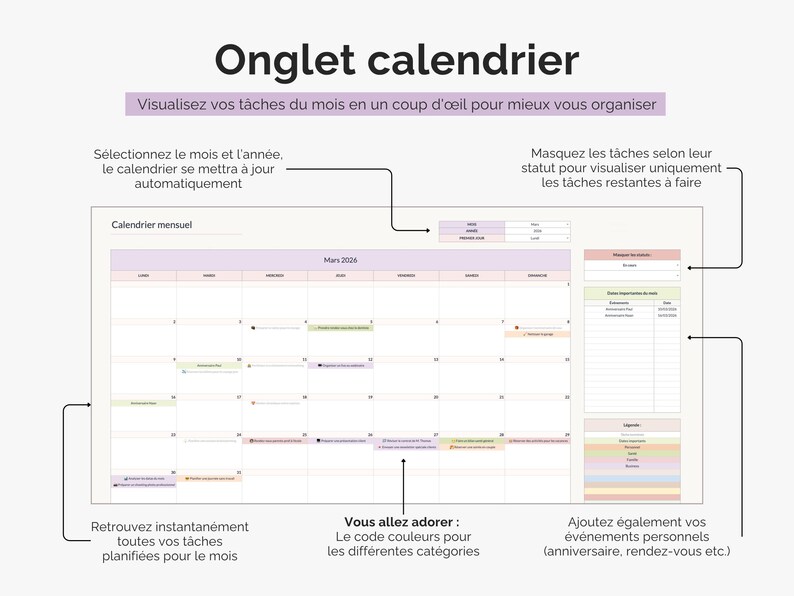 Visualisez automatiquement vos tâches du mois dans un calendrier mensuel
