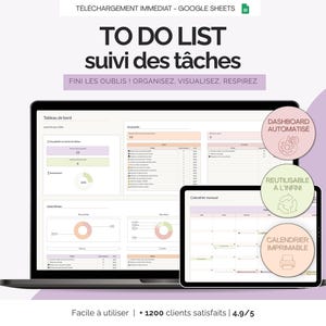 Peut inclure: Un modèle numérique de liste de tâches affiché sur un ordinateur portable et une tablette. L'écran affiche des vues de tableau de bord et de calendrier avec le texte "TO DO LIST" et "suivi des tâches". La conception comprend des accents roses et verts, avec les mots "Dashboard Automatisé", "Réutilisable à l'infini", et "Calendrier Imprimable".