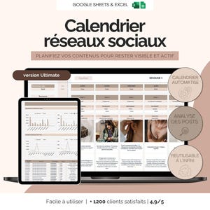 Calendrier éditorial réseaux sociaux | Planning social media planificateur de contenu mensuel | Template Excel et Google Sheets