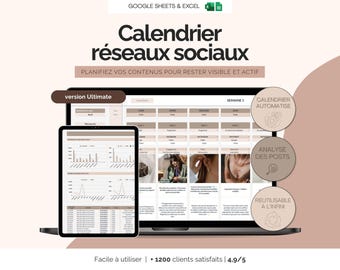 Calendrier éditorial réseaux sociaux | Planning social media planificateur de contenu mensuel | Template Excel et Google Sheets