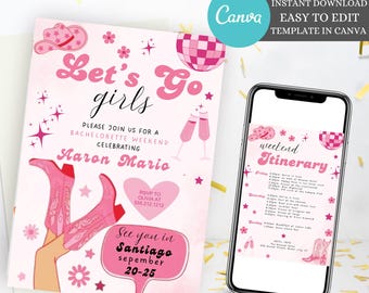 Könnte beinhalten: Rosa-weiße druckbare Junggesellinnenabschiedseinladung mit einer rosa Discokugel, Cowboystiefeln und dem Text "Let's Go Girls" und "Weekend Itinerary".