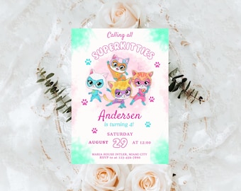 May include: A colorful invitation featuring cartoon superhero cats. The text reads "Calling all SUPERKITTIES" and "Andersen is turning 4!" with the date and time of the party. Pink paw prints and watercolor accents decorate the card.