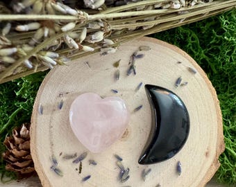 Rose Quartz Heart & Black Obsidian Moon: Love and Protection Crystal Set