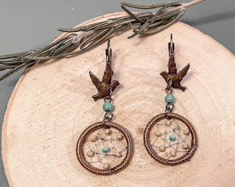 Freebird Dreamcatcher Earrings | Antique Bronze Birds + Turquoise Beads | Boho Spiritual Jewelry